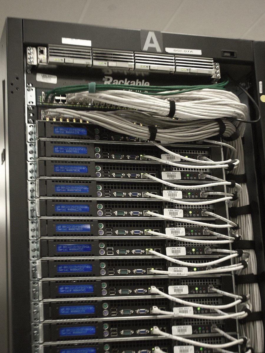 Cabled servers in a data-center rack.